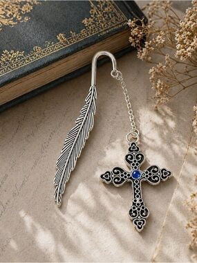 Silver Cross Bookmark, Feather Charm, Christian Gift, Reader Gift